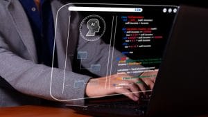 Leveraging Generative AI APIs: Person coding on laptop with AI interface. AI-powered coding, generative AI, API integration.