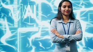 Machine Learning/AI Engineer. Woman with AI background. Artificial Intelligence concept.