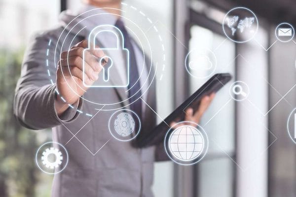 CompTIA Security+ certification. Man in suit with data protection, cybersecurity, and network security icons.