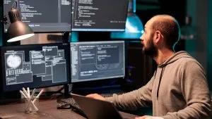 CISSP professional working on cybersecurity. Man coding on multiple monitors. IT security analyst at work.